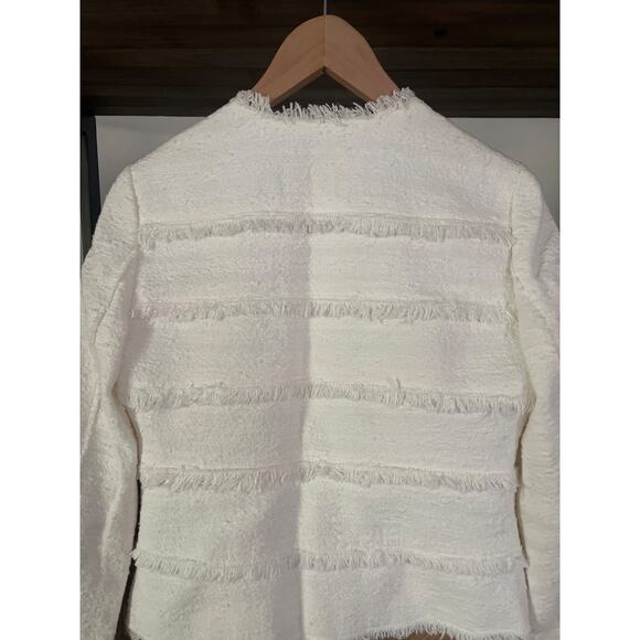Rebecca Taylor Tweed Fringe Crop Zip Blazer White Sz 2 - Picture 7 of 7
